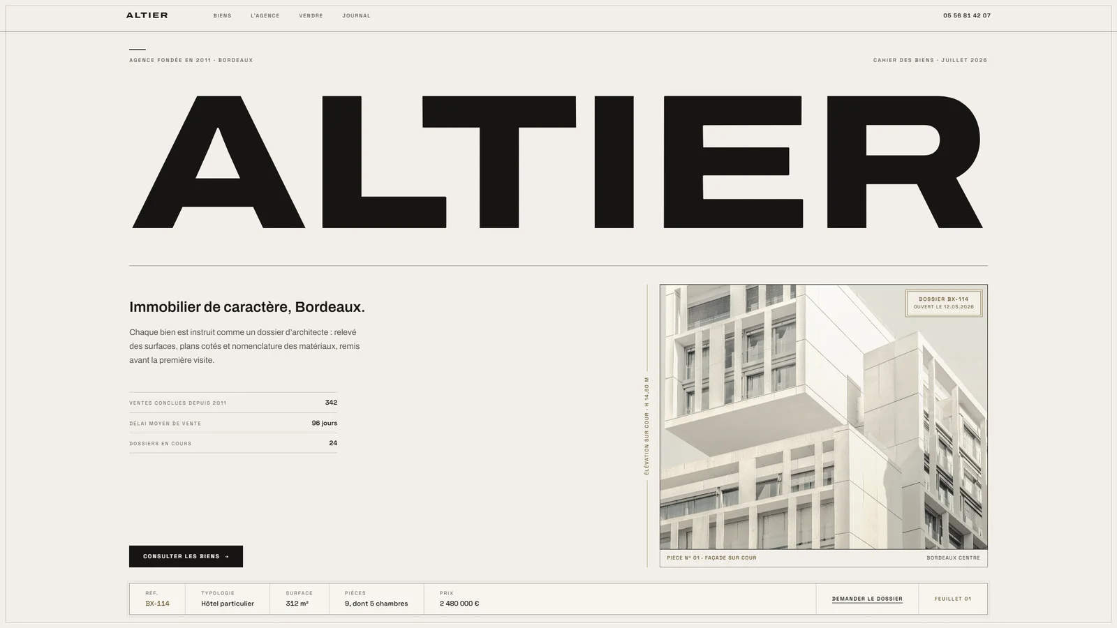 Page d’accueil du site Altier : grille suisse claire, photographie d’architecture, fiche de bien