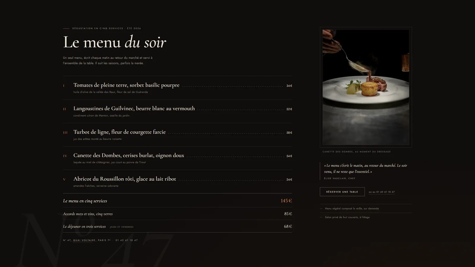 Menu du soir du site Maison Rive