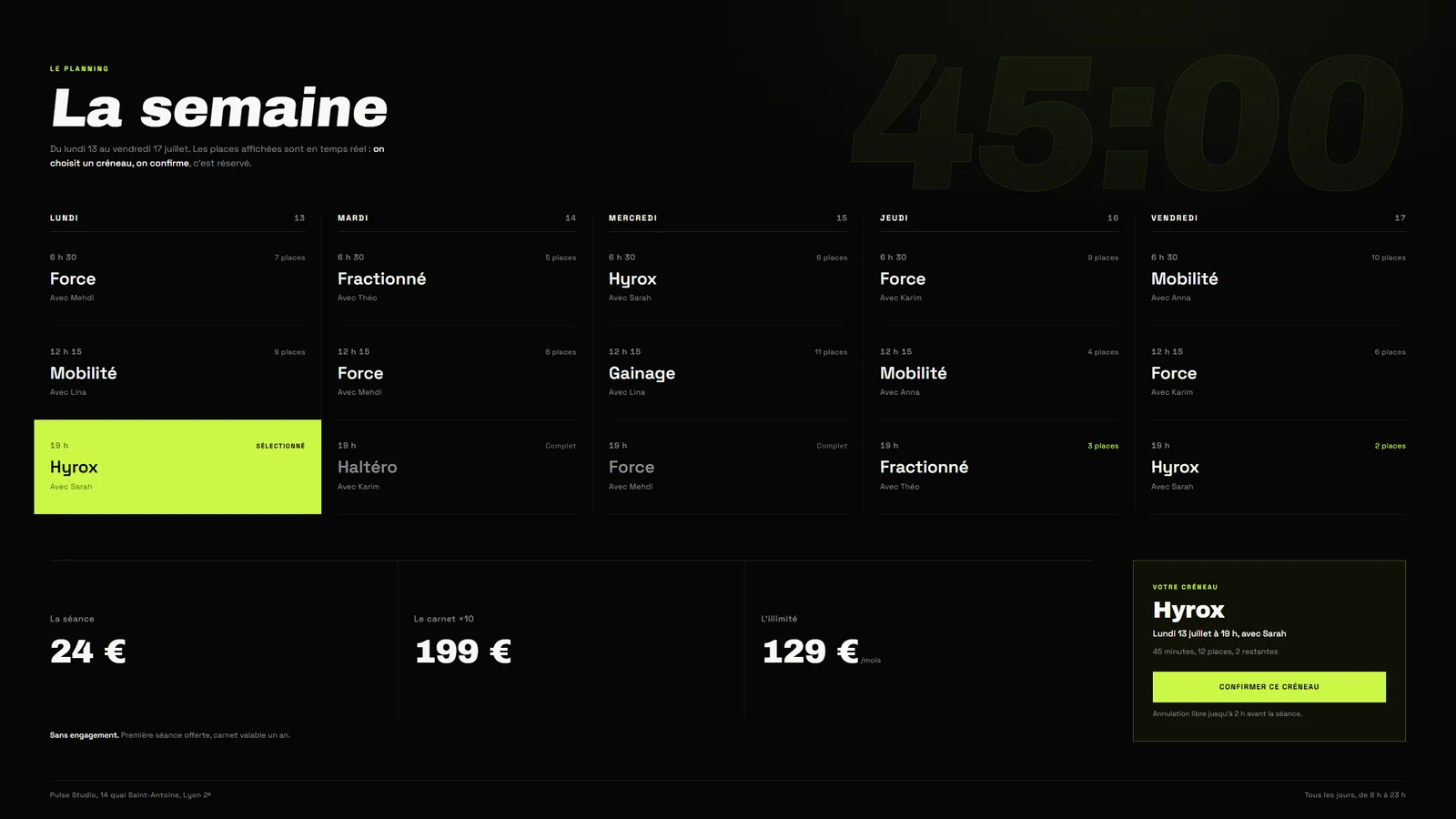 Planning de la semaine du studio Pulse