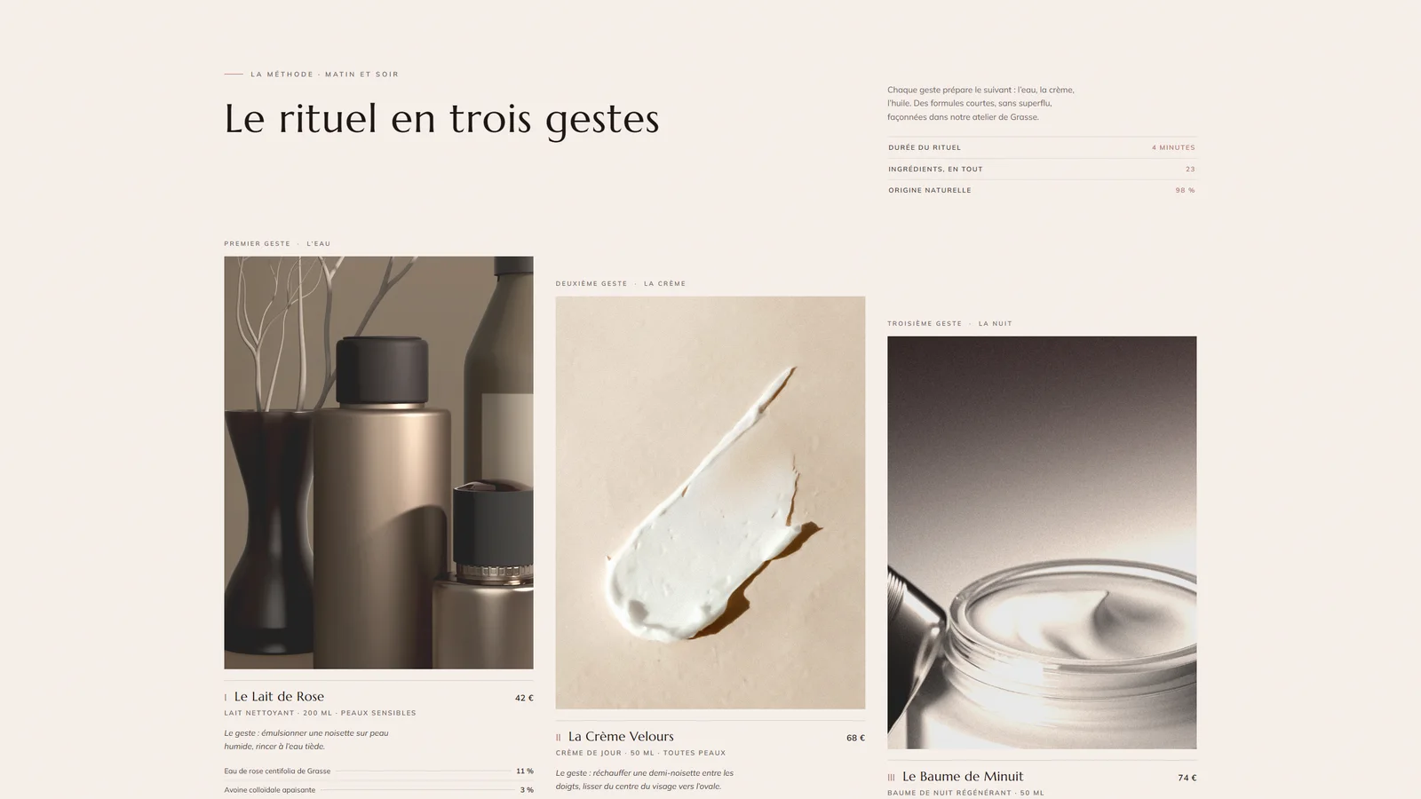 Boutique en ligne Velvet : trois produits de soin en composition asymétrique sur fond ivoire